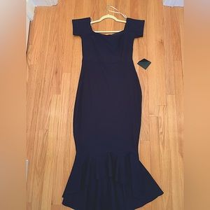 Lulu’s How Much I Care Midnight Blue Off-the-Shoulder Midi Dress MEDIUM
